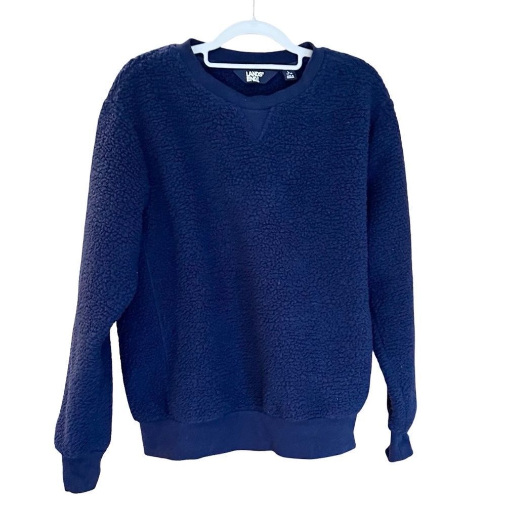 Lands End Women's Thick Pile Sherpa Crew Neck Pullover Navy Blue Size Large